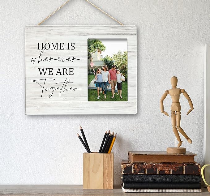 SRADMO Home Is Wherever We Are Together Picture Frame, Family Quotes 10×8 inch Wooden Tabletop Photo Frame for Women Men Family Members, Housewarming Gifts