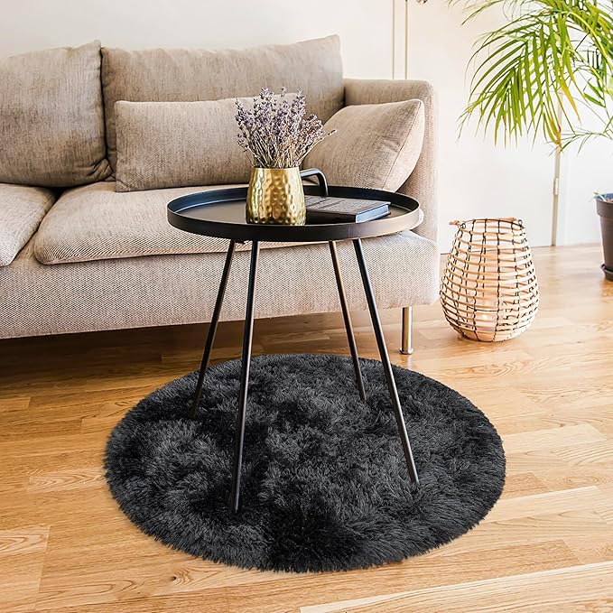 Tie Dye Black Round Rugs Small 3x3 ft Fluffy Circle Rug Furry Carpet Shaggy Circular Fuzzy Plush Area Rug for Girls Bedroom Kids Room Living Room Nursery Cute Room Decor Pet mat Doormat