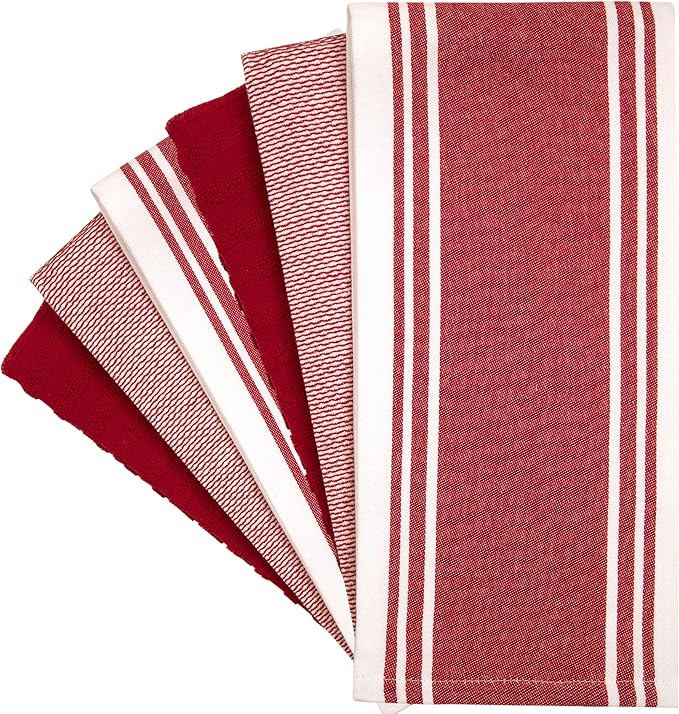 Premium Kitchen Towels (20”x 28”, 6 Pack) – Large Cotton Kitchen Hand Towels – Flat & Terry Towel – Highly Absorbent Tea Towels Set with Hanging Loop (Wide Stripe Red)