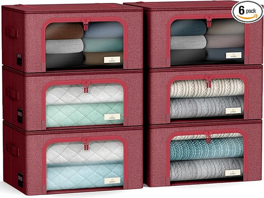 Sorbus Storage Bins with Metal Frame - Stackable & Foldable Clothes Organizer Bags - Oxford Fabric Storage Containers with Large Clear Window & Carry Handles, Bedroom Organization for Bedding & Linen
