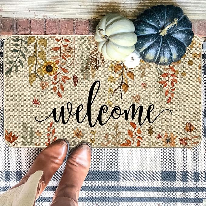 ORTIGIA Welcome Fall Doormat Indoor Outdoor Patio Eucalyptus Leaves Sunflowers Door Mats Non-Slip Entrance Mat for Home Entrance, Outside Entry, Yard, Floor, Patio 32x20 Inch