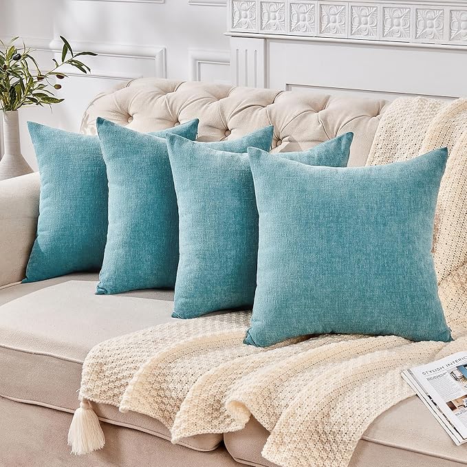 GAWAMAY Decorative Square Throw Pillow Covers 18"x18" Inch Set of 4, Super Soft Chenille Pillows Farmhouse Fall Pillowcase for Living Room Bedroom Sofa Couch Cushion Cover Smoke Blue 45x45cm
