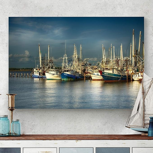 Renditions Gallery Wall Hanging Art Pictures & Prints Shrimp Boats Docked in Pier Canvas Artwork for Bedroom Living Room Office Wall Decor - 24"X36" LT08