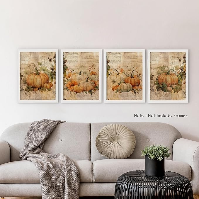 HRQKO Vintage Fall Wall Art Poster Prints Set of 4, Pumpkin Farmhouse Artwork for Home Bedroom Kitchen Decor, 12"x16" Unframed