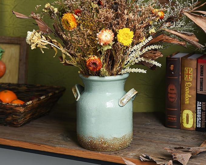 Quoowiit Ceramic Rustic Farmhouse Vase, Distressed Decorative Flower Vases for Home Decor, Ideal Shelf Decor, Green Boho Vase for Living Room Bedroom Kitchen Office Centerpiece Table Decorations