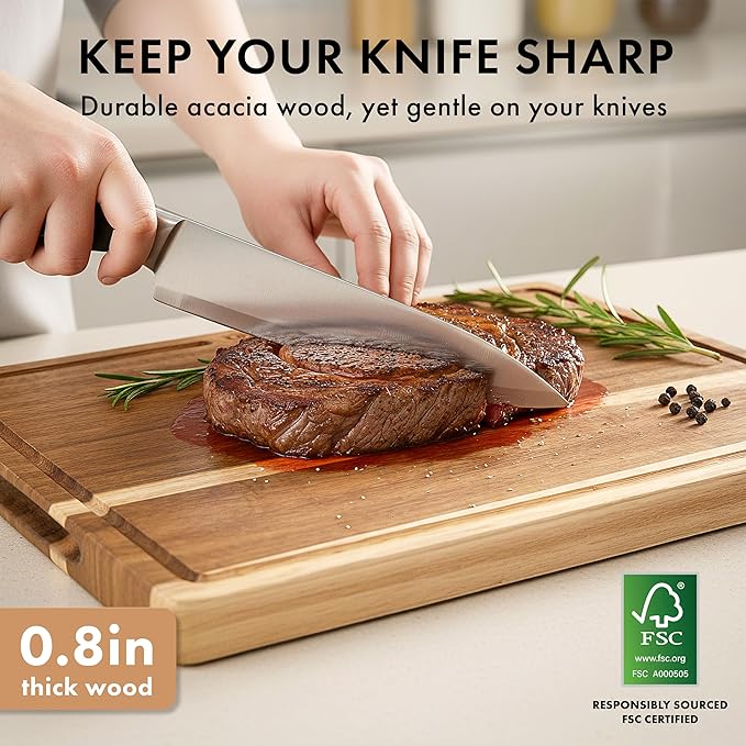 Acacia Wood Cutting Board for Kitchen, Non-Toxic Cutting Board Set of 3, Chopping Boards with Deep Juice Groove for Meat, Cheese & Vegetables - Durable & Double sided with serving Compartments
