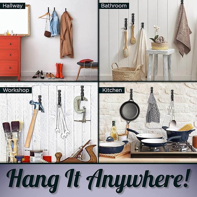 Decorative Hooks for Wall - Metal Wall Hooks for Hanging Coats, Hats & Bags, Rustic Towel Hooks for Bathrooms or Kitchen - Wrought Iron Farmhouse Hangers - Pack of 3, Black - 3.3x2x0.8 Inches