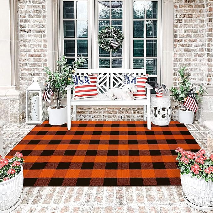 KOZYFLY Buffalo Plaid Rug 4x6 Ft Orange and Black Outdoor Rugs Washable Checke Orange Rug Cotton Hand-Woven Halloween Door Mat Outdoor Indoor Fall Area Rugs for Front Door Patio Kitchen Bedroom
