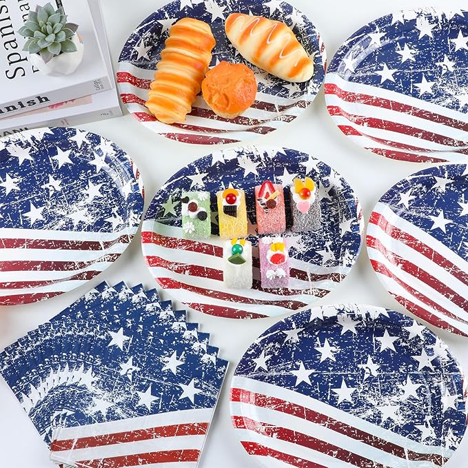 4th of July Oval Paper Plates 11inch Paper Plate and Napkin, Dish Tray American Flag Supplies Party Decoration Patriotic Supplies for Independence Veterans Labor Day Memorial Day Tableware, 25 Guest
