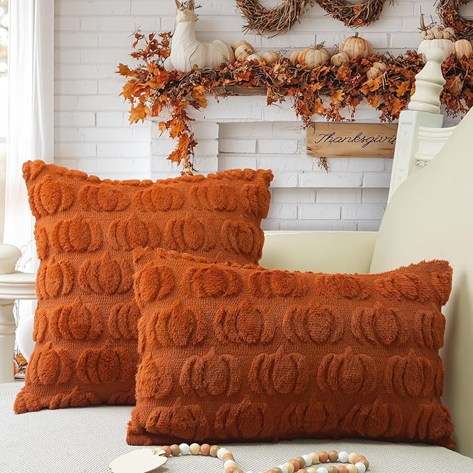 GEEORY Fall Pumpkin Throw Pillow Covers 12 x 20 Inch Set of 2, Autumn Soft Plush Faux Fur Wool Decorative Farmhouse Holiday Cushion Case for Home Decoration (Rust) GC001-12