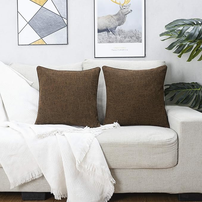 HPUK Linen Throw Pillow Covers Pack of 2, 18x18 Inch Accent Cushion Covers for Living Room, Bedroom, Decorative Solid Color Pillow Covers for Couch, Sofa, Chair, Chocolate