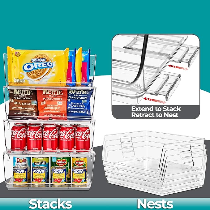 Sorbus Stackable Storage Bins Open Front - Pantry Bins for Storage and Organization - Acrylic Stackable Bins for Kitchen - Clear Pantry Organizer Bin (Large 4 Pack)