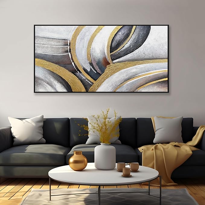 Abstract Wall Art Gold and White Framed Canvas Painting Artwork Modern Home Canvas Wall Decor Suitable for Living Room Bedroom Restaurant Office 29"X58"