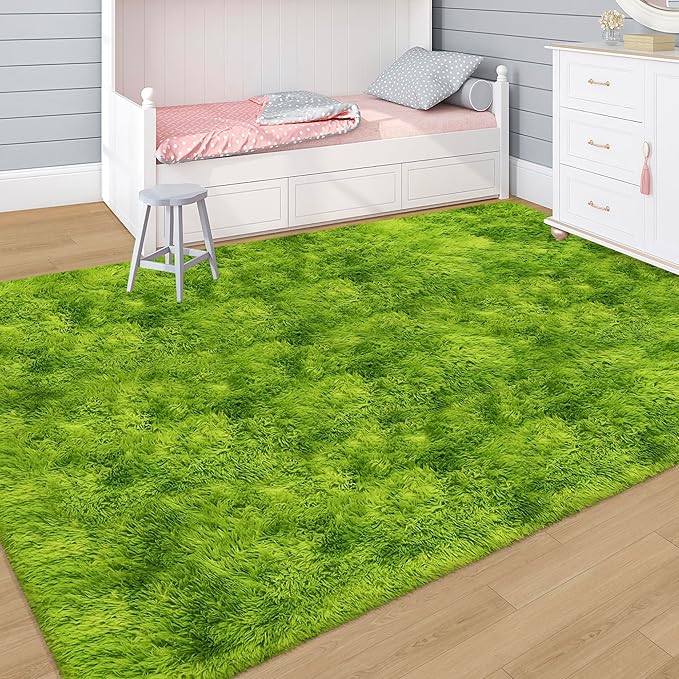 Green Tie-Dyed Rug for Living Room 5x8 Fluffy Area Rug Mat Bedside Throw Rug for Bedroom Kids Room Boys Teens Nursery Baby Dorm Office Home Decor Aesthetic Carpets