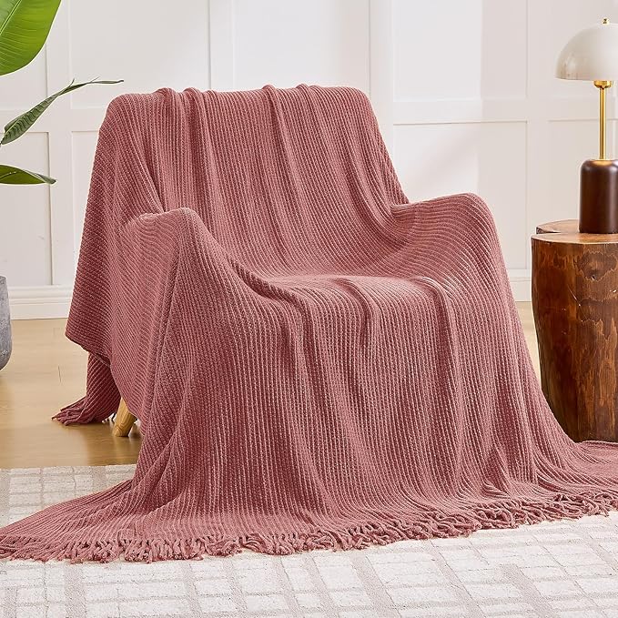 inhand Knitted Coral Pink Throw Blanket for Couch Bed,Chunky Chenille Woven Soft Warm Christmas Blankets Gifts for Women with Tassels, Cozy Boho Farmhouse Fall Winter Decor,50"x60",Medium Thick