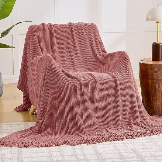 inhand Knitted Coral Pink Throw Blanket for Couch Bed,Chunky Chenille Woven Soft Warm Christmas Blankets Gifts for Women with Tassels, Cozy Boho Farmhouse Fall Winter Decor,50"x60",Medium Thick