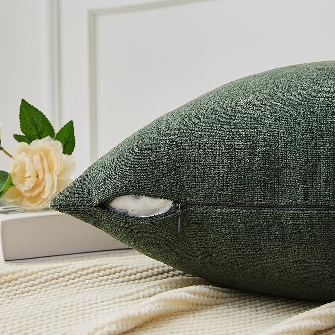 GAWAMAY Decorative Chenille Throw Pillow Covers 24"x24" Inch Pack of 2, Soft Square Couch Pillow Cover for Sofa Cushion Living Room Bedroom Solid Oversized Pillowcases Dark Green 60x60cm (ONLY COVERS)