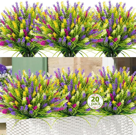 N&T NIETING 20 Bundles Artificial Plants Outdoor Fake Monkey Grass with Flowers for Pot Garden Verandah Decor for Window Garden Office Patio Hanging Planter Pathway Front Porch (Mix Color 2)