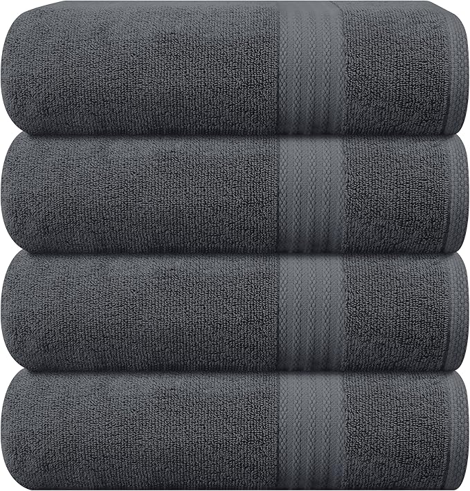 GLAMBURG Premium Cotton 4 Pack Bath Towel Set - 100% Pure Cotton - 4 Bath Towels 27x54 - Ideal for Everyday use - Ultra Soft & Highly Absorbent - Charcoal