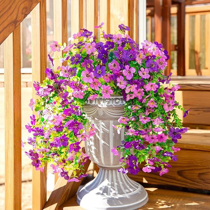 HyeFlora Artificial Flowers for Outdoors Decoration, 2Pcs Dark Purple and Purple Fake Hanging Flowers, UV & Fading Resistant, Faux Decor for Porch Patio Balcony Planter