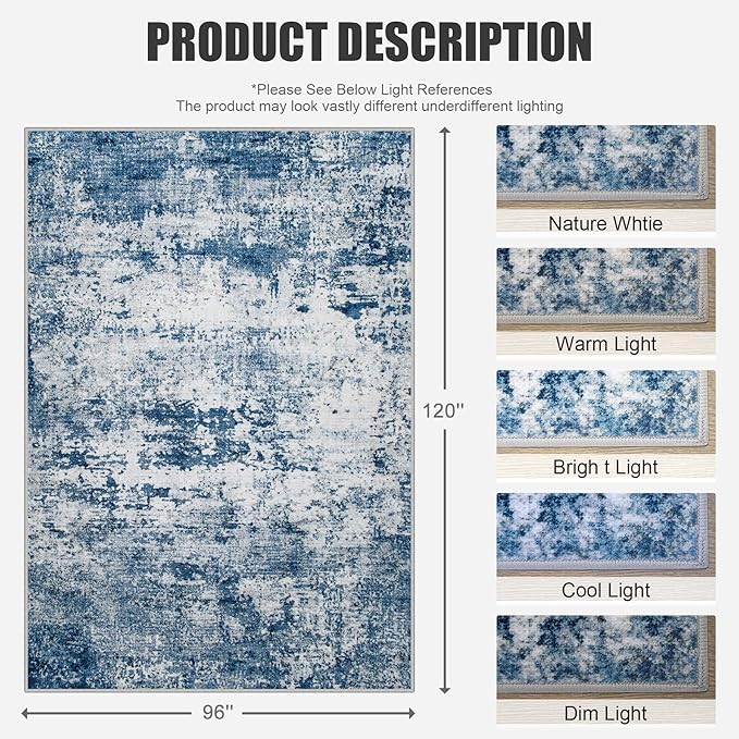8x10 Area Rug Living Room Rug: Washable Modern Abstract Soft Thin Rug Indoor Floor No Slip Stain Resistant Carpet for Bedroom Dining Room Farmhouse Nursery Home Office - Blue