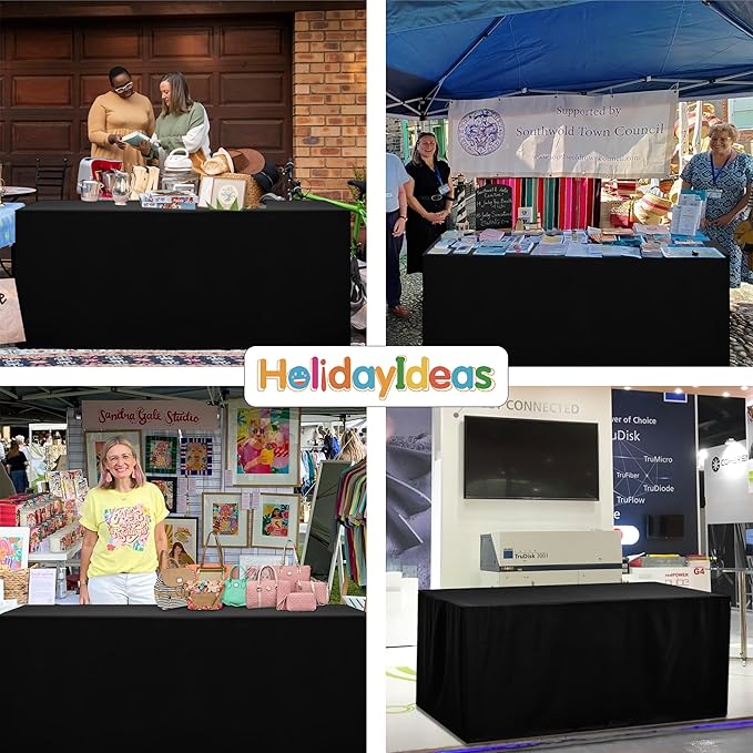 HolidayIdeas Fitted Black Tablecloths for 6 Foot Rectangle Table, Wrinkle Resistant Washable Table Cover 72x30 Inch for Vendor Booth Display, Banquet, Trade Show, 4 Pcs