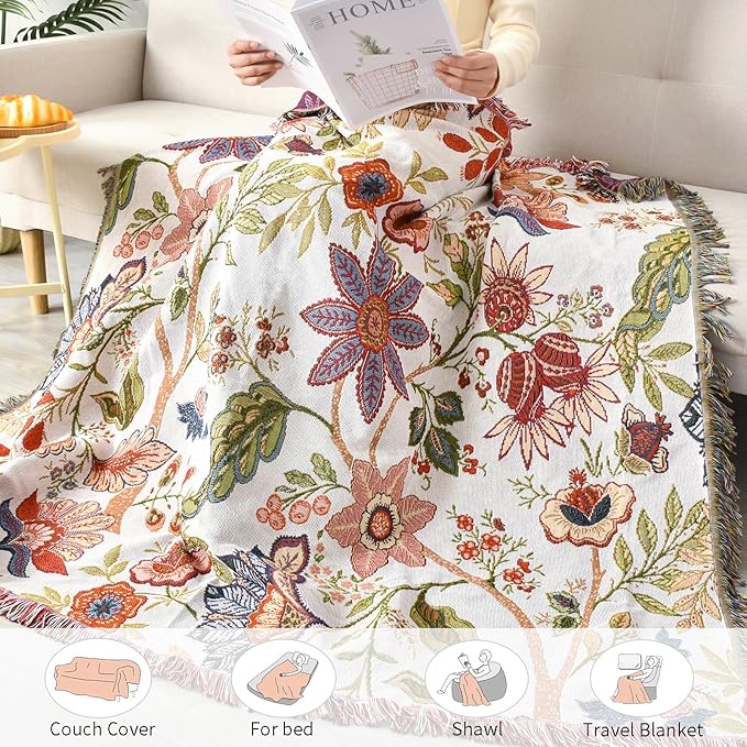 Boho Throw Blanket Reversible Cotton Bohemian Tapestry Hippie Room Decor Double Sided (Boho Flower Dark 50"x60")