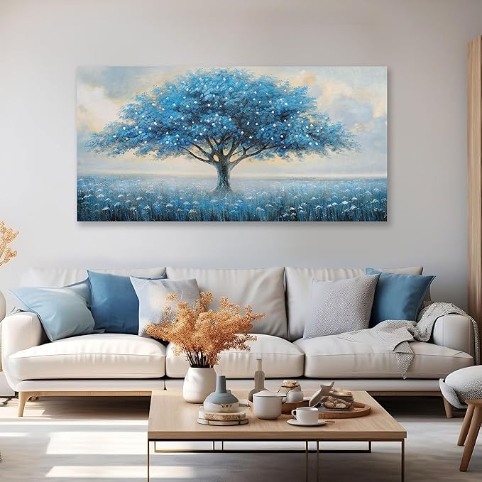 Glvzygy Blue Tree of Life Wall Art Abstract Modern Artwork Canvas Painting Textured Tree Pictures Wall Decor Home Decor Wall Ready to Hang for Bedroom Living Room Size 29"x58"