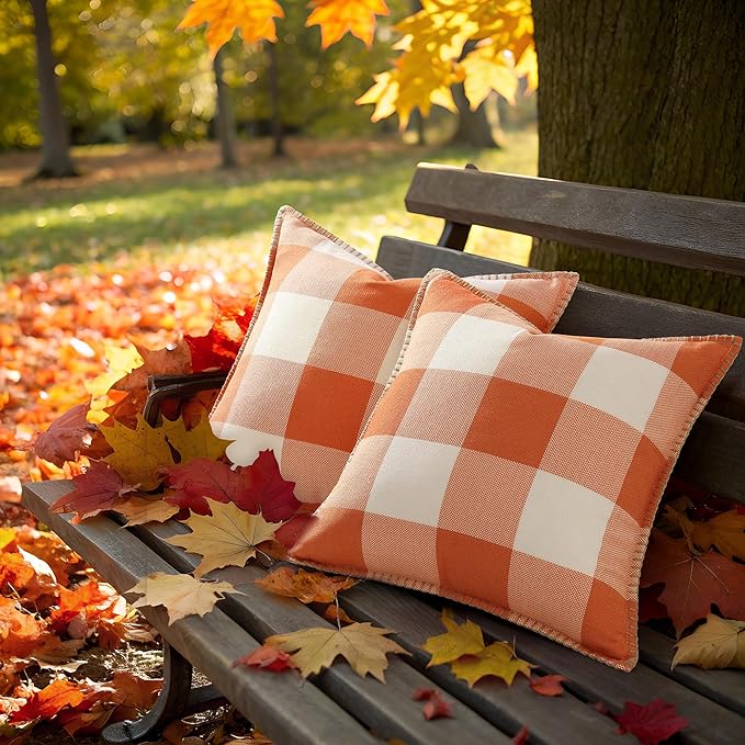 decorUhome Farmhouse Gingham Buffalo Plaid Check Throw Pillow Covers 22x22 Set of 2, Outdoor Fall Linen Decorative Pillow Covers with Stitched Edge for Bed Couch Sofa, Orange and White