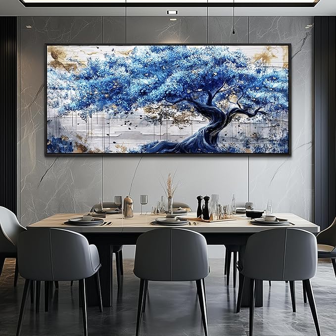 ERQINHUA Large Canvas Wall Decor For Living Room Wall Art For Bedroom Office Home Decor Blue Tree Wall Paintings Farmhouse Abstract Watercolour Pictures Artwork Ready To Hang 32x72 In Black Framed