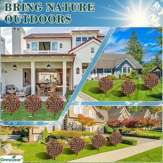 Artificial Red Rose Topiary Ball Trees with Ground Spike Set of 2, Faux Boxwoods for Outdoor Planters, UV Resistant Artificial Outdoor Plants for Porch, Fake Bushes Round Shrub