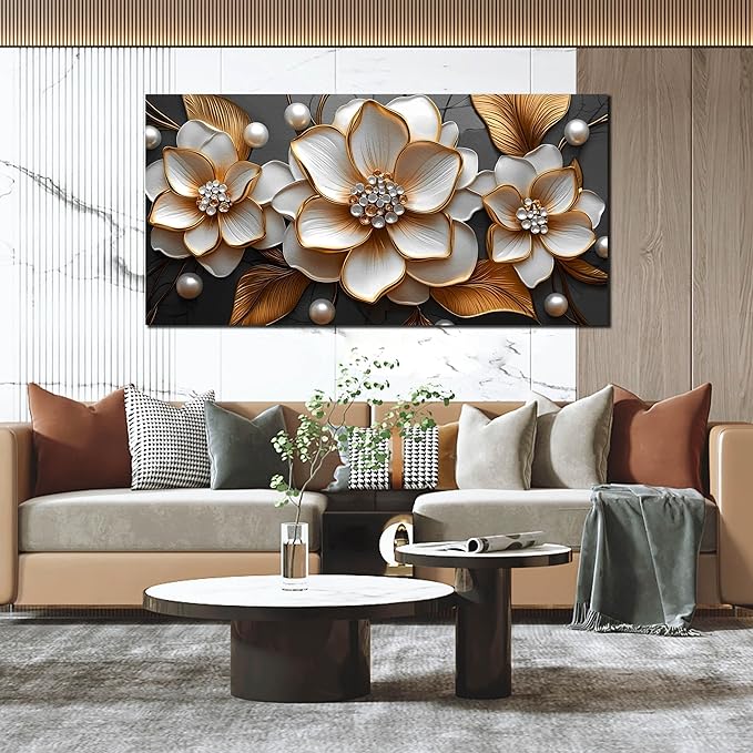Large Flower Canvas Wall Art Bedroom - White and Gold Wall Decor for Girls Room - Floral Dining Room Wall Art Size 29" x 59"