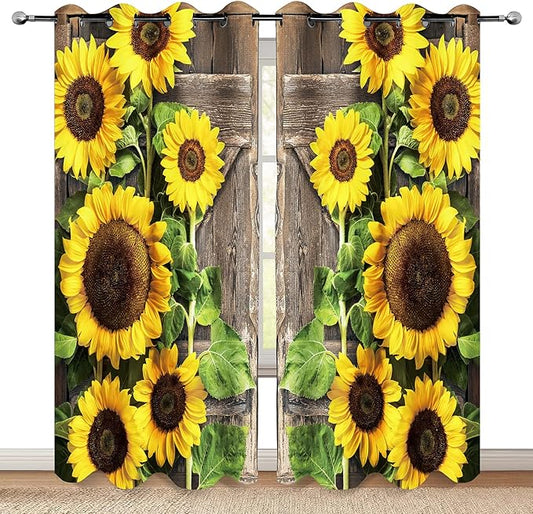 Sunflower Wood Barn Door Floral Blackout Curtains Flower Rustic Brown Vintage Wooden Farmhouse Decor Women Girl Ladies Home Bedroom Living Room Darkening Grommet Window Drapes 2 Panel Set, 42x63 Inch