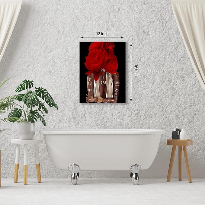 Inspirational Wall Art Canvas, African American Empowerment, Red Floral Design, Modern Home Decor 12"x16"
