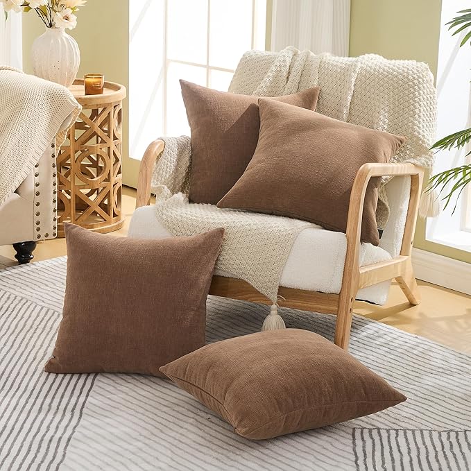 GAWAMAY Decorative Square Throw Pillow Covers 18x18 Inch Set of 4, Super Soft Chenille Pillows Cover Fall Pillowcase for Living Room Bedroom Sofa Couch Cushion Cover Brown 45x45cm (No Inserts)