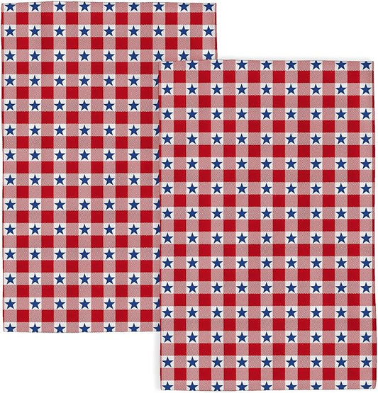 4th of July Kitchen Towels 16x24 Inch Red Buffalo Plaid Blue Patriotic Stars Decor Dish Towels Independence Day Decoration Hand Towels Absorbent Dish Cloths for Home Kitchen Dining Set of 2