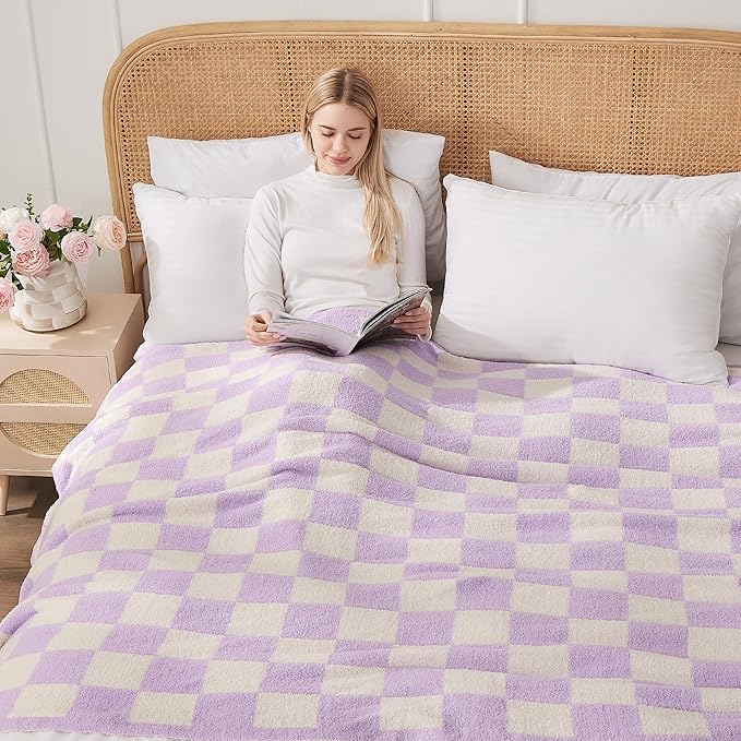 JOOJA Soft Cozy Checkerboard Lilac Blanket - Fluffy Knit Throw Blanket for Couch - Plaid Checkered - 60x80 in