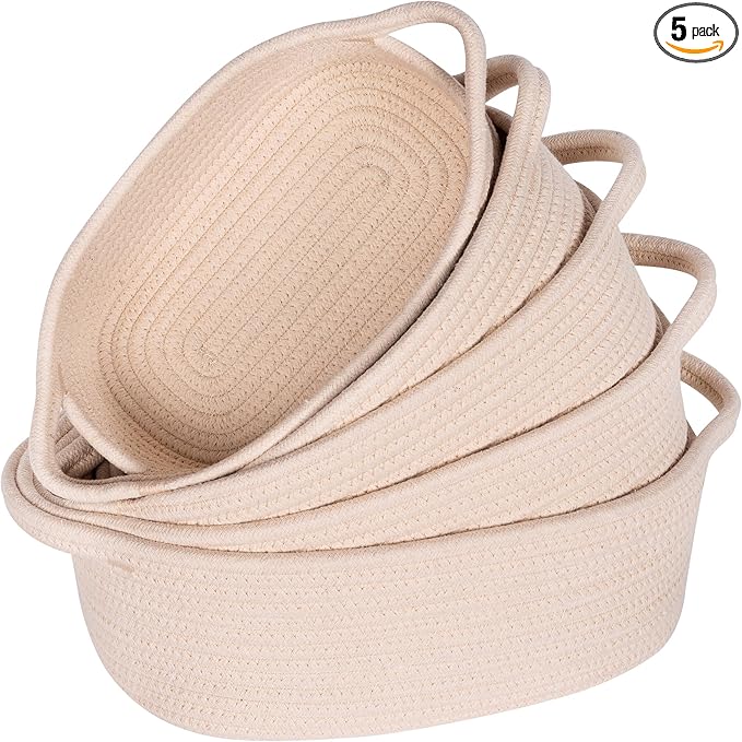 MINTWOOD Design 5-Piece Storage Baskets for Organizing, Small Woven Rope Baskets for Storage and Shelves, Dog Cat Toy Basket Box, Pantry Bathroom Organization Bins, Nightstand Organizer, Beige