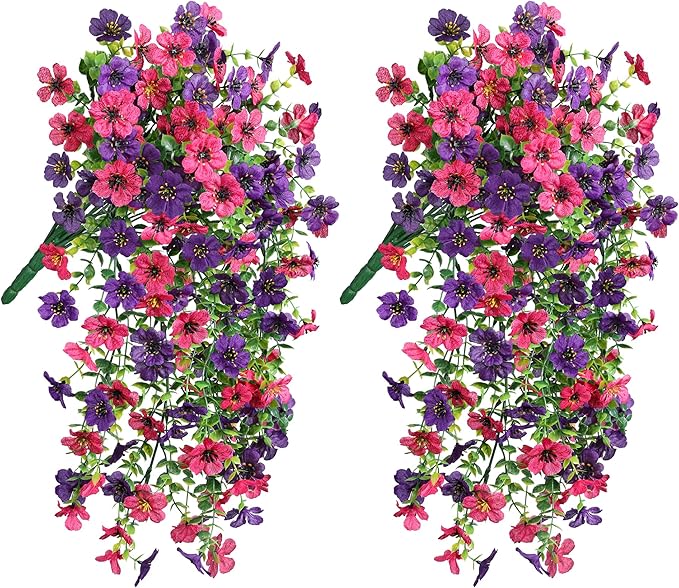Artificial Flowers for Outdoors Decoration, 2Pcs Fake Hanging Spring Summer Decor, Purple and Hotpink Realistic Plants, UV & Fading Resistant Silk Flower for Porch Patio Balcony Planter Yard