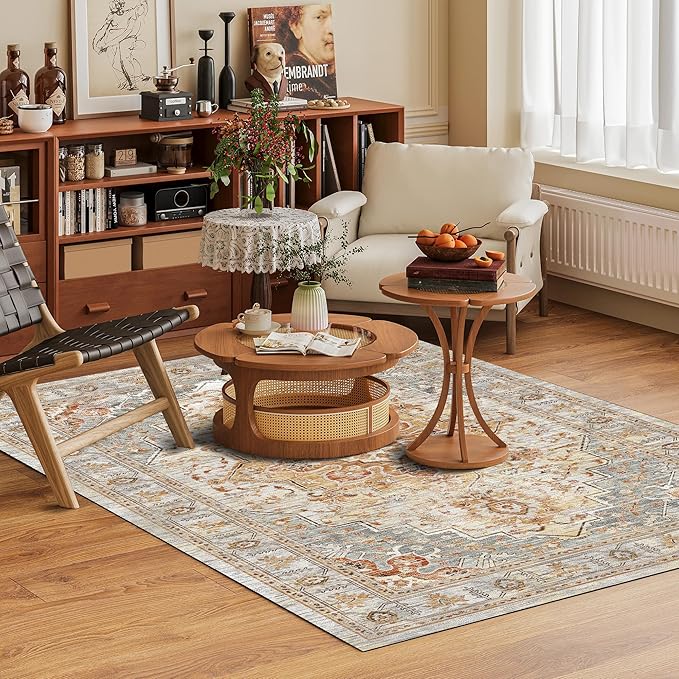 Washable Area Rug 3' x 5 ' Vintage Traditional Persian Mat - Foldable Distressed Non-Slip Machine Washable Carpet for Living Room Bedroom Kitchen Home Decor - Dove Gray and Coral