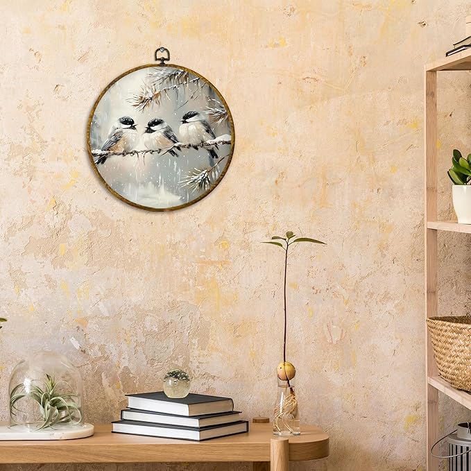 CUANFDDSF Vintage Winter Bird Round Wall Art Decor, Rustic Cottagecore Bird Wall Hanging Frame Decor, Farmhouse Cozy Winter Canvas Prints Decorations for Home Bedroom Living Room, 10x10 Inch