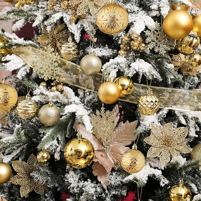 Wironlst Christmas Ball Ornaments - 30pcs Shatterproof Plastic Christmas Ornaments Hanging Ball Decorations for Xmas Tree, Holiday, Wedding, Party (Multi-Size, Gold)