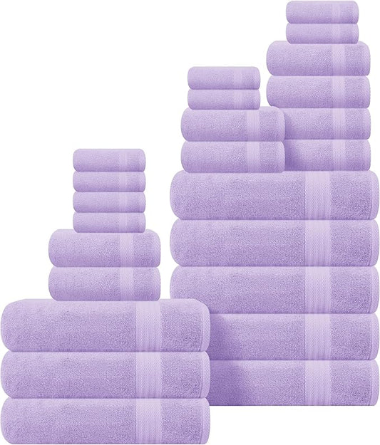 GLAMBURG Ultra Soft 24-Piece Towel Set - 100% Pure Ringspun Cotton, Contains 8 Oversized Bath Towels 27x54, 8 Hand Towels 16x28, 8 Wash Cloths 13x13 - Ideal for Everyday use, Hotel & Spa - Purple