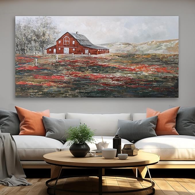 Farmhouse Wall Art Canvas Picture Red Rustic Barn Farm Artwork Decor Country Landscape Panoramic Countryside Rural Nature Scene Painting for Living Room Bedroom Office Decor Wall Decor 20"x40"