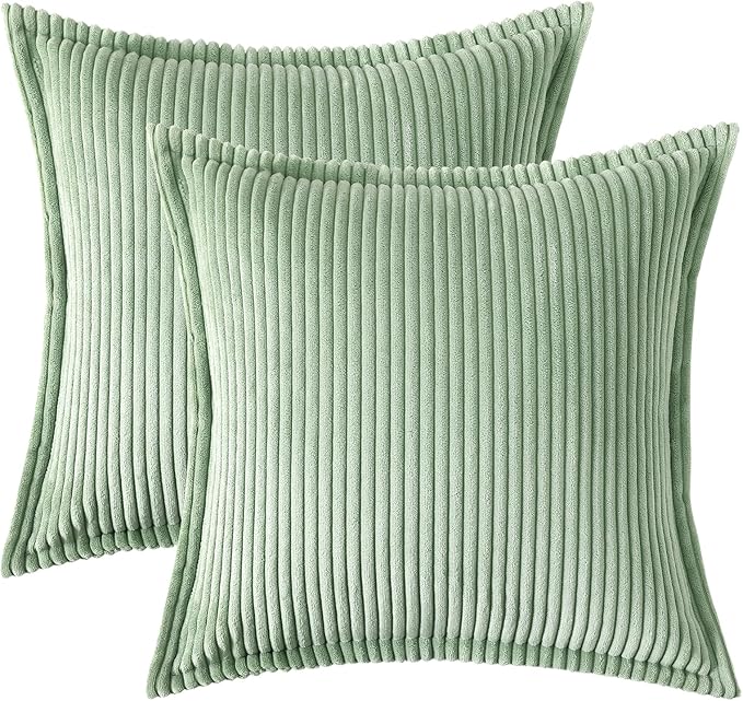 Mecatny Corduroy Throw Pillow Covers 18x18 Set of 2, Neutral Decorative Soft Boho Couch Pillow Covers with Broadside for Sofa Living Room, Sage Green