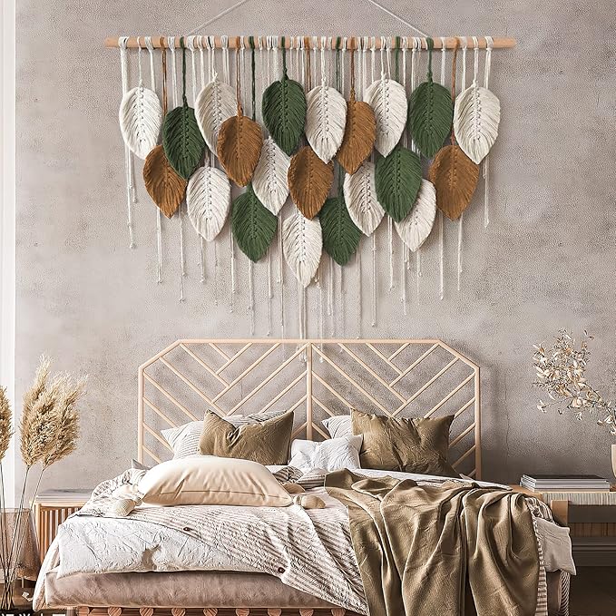 KHOYIME Large Macrame Wall Hanging Boho Woven Tapestry, Chic Home Decor Modern Bohemian Handmade Leaf Feather Wall Art Decorations for Apartment Dorm Living Room Bedroom Nursery Backdrop 39"W X 29.5"L