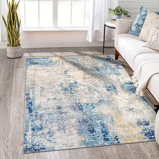 Lahome Modern Abstract Washable Area Rugs 5x7, Soft Living Room Rug Non Slip Stain Resistance, Faux Wool Floor Carpet for Bedroom Dining Room Nursery Kids Playroom,Blue/Grey