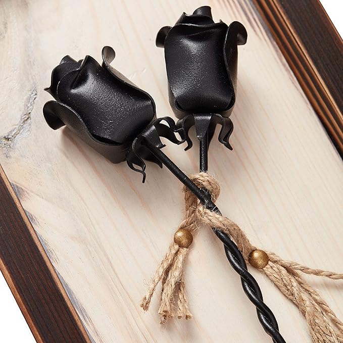 IK Style Set of 2 Forged Iron Roses Twisted Together Forever - Placed in Mountable Wooden Frame - Unique 3D