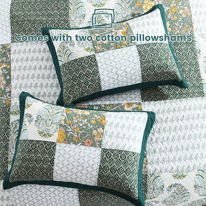 Secgo King Size Comforter Set- 100% Cotton Quilt King Size Set, Green, Emerald, bedspreads (98 * 106 Inch) with 2 Pillow Shams, Patchwork Reversible Lightweight Bedding