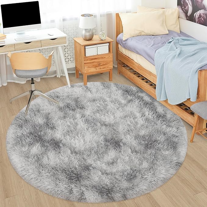 5x5 ft Tie Dye Grey Round Rug for Bedroom Room Fluffy Circle Rug Furry Carpet Shaggy Circular Fuzzy Washable Non-Slip Large Area Rug Soft Indoor for Living Room Cute Aesthetic Home Decor